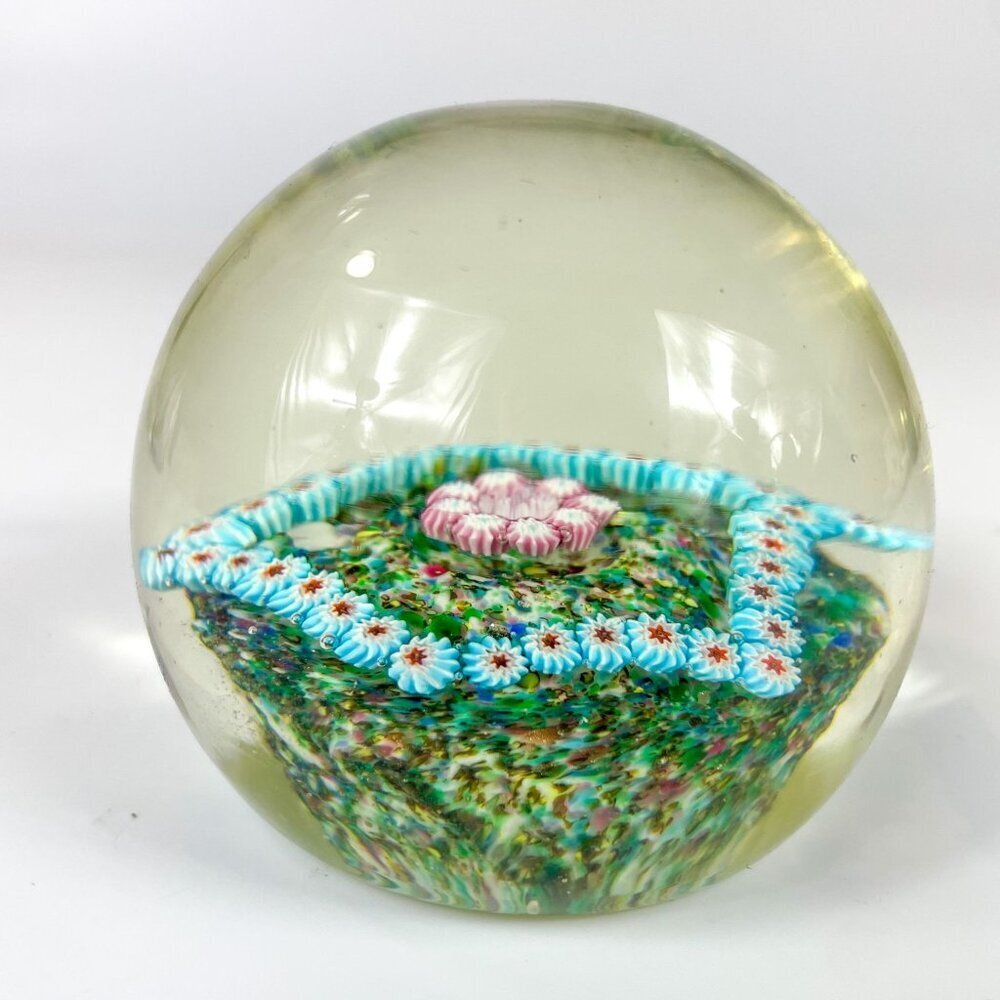 Murano Fratelli Toso Pink Blue Pastels Pentagon Millefiori Round Glass Paperweig